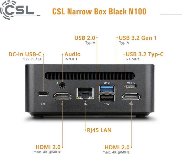 Actual product image CSL Mini-PC Narrow Box Black / 16GB / 500 GB M.2 SSD / Win 11 Pro (500 GB, 16 GB, Intel N150, Intel UHD Graphics)