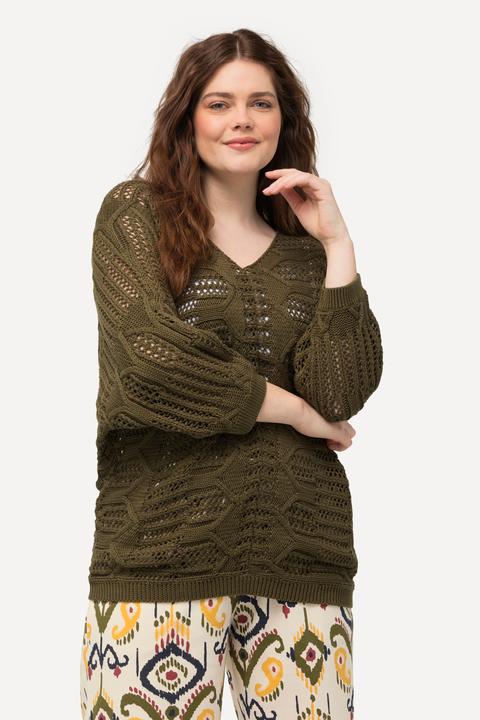 Produktbild Ulla Popken Pullover, Ajourmuster, V-Ausschnitt, 3/4-Arm (56)