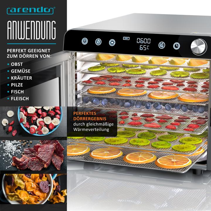 Produktbild Arendo Dörrautomat geeignet für Obst, fisch, Fleisch, Temperaturregler von 30°-85°C, 700 W, 8 Etagen, Timer