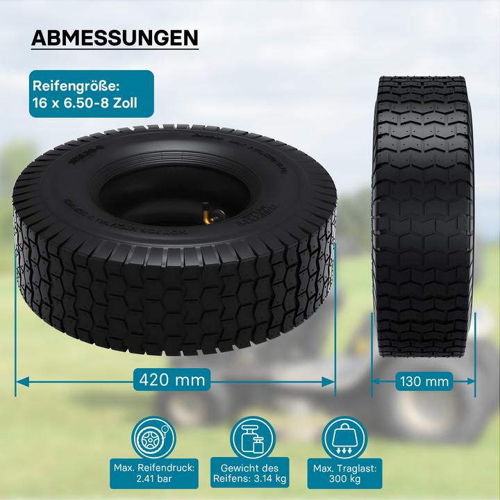 Produktbild Wiltec Reifen für den Aufsitzmäher 16x6.50-8 4pr mit Schlauch Winkelventil Komplettrad (Rasentraktor, Traktorzubehör)