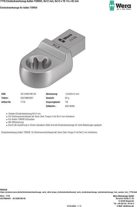 Image du produit Wera 7776 9x12mm E14