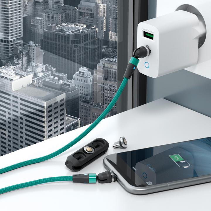 Produktbild RealPower Magentic cable,1m 2x magnetisch,grün mit Adaptern (1 m)