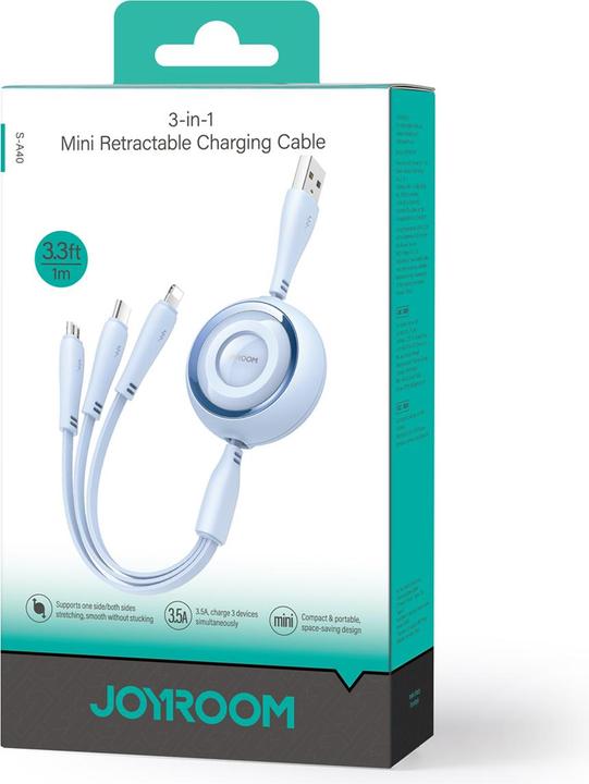 Image du produit Joyroom S-A40 Colorful Series Câble rétractable 3en1 USB-A vers USB-C / Lightning / microUSB 1m - bl (1 m)