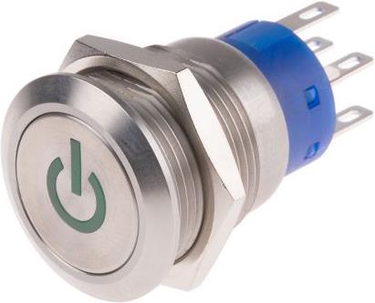 RS PRO 19mm,stainless,DPDT,Ltch,Pwr,Grn,12V