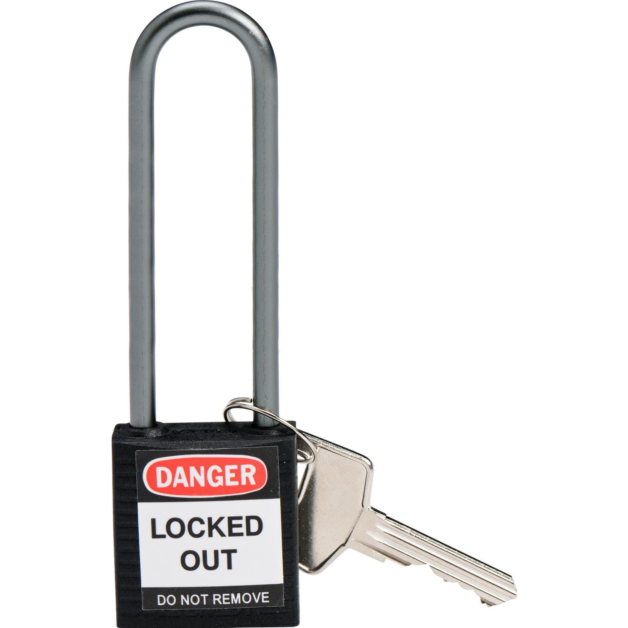 Brady, Vorhängeschloss, kompaktes Sicherheitsschloss Nylon, Schwarz, 75mm Bügelhöhe, 4,7mm Aluminium-Schliessbügel (K