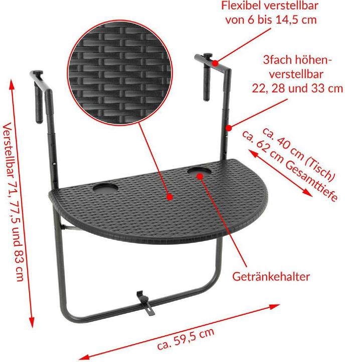 Produktbild VCM Balkonhängetisch Balkontisch Wandklapptisch Hängetisch stabil 59x40 cm schwarz (59 x 59 x 83 cm)