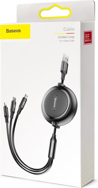 Productafbeelding Baseus Golden Loop Drie-in-één Elastische Datakabel USB voor M+L+T 3,5A 1,2m Zwart (1.20 m, USB 3.2 Gen 1)