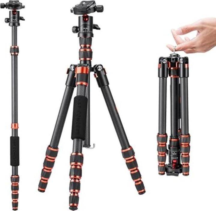 K&F Concept Trépied léger en fibre de carbone avec rotule 360° et monopode pour appareils photo reflex (Carbone)