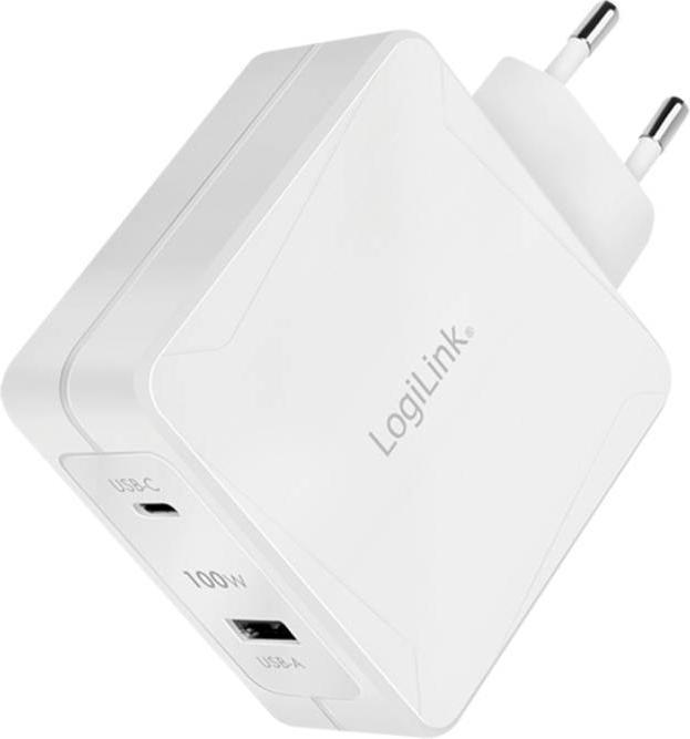Productafbeelding LogiLink USB-contactdoosadapter, 1x USB-C (PD) & 1x USB-A, GaN, 100 W (100 W, 2 ports)