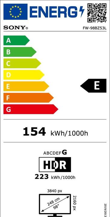 Label énergétique Sony 98" Pro LCD 780nit Haze w/5yr PS (3840 x 2160 pixels, 98")