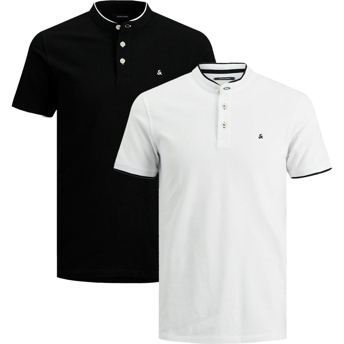 Jack & Jones, Herren, Shirt, 2er Pack Paulos Mao Poloshirt, Schwarz, Weiss, (XL)