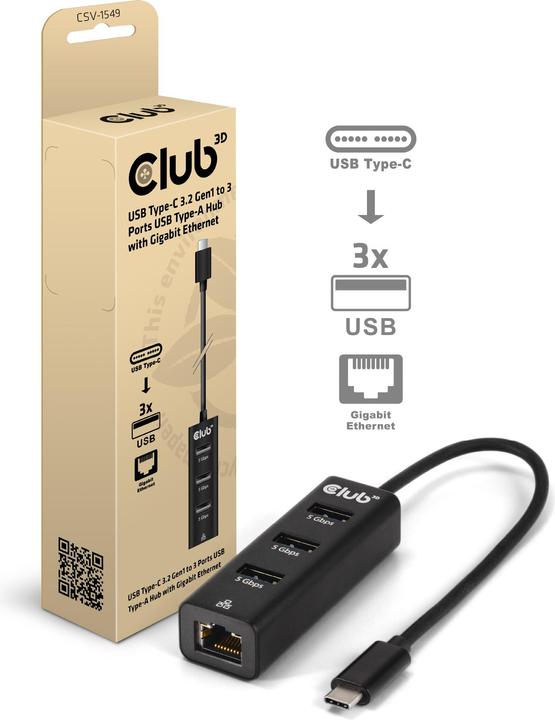 Image du produit Club 3D Club3D USB Hub USB Type-C 3.2 > 3x USB Type A Gigabit Ethernet retail (USB-C, 4 ports)