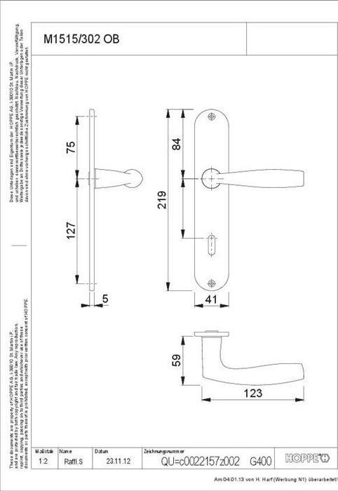 Actual product image Hoppe Long plate set Vitória M1515/302 brass F71 OB 72 mm DIN left / right (Door handle)