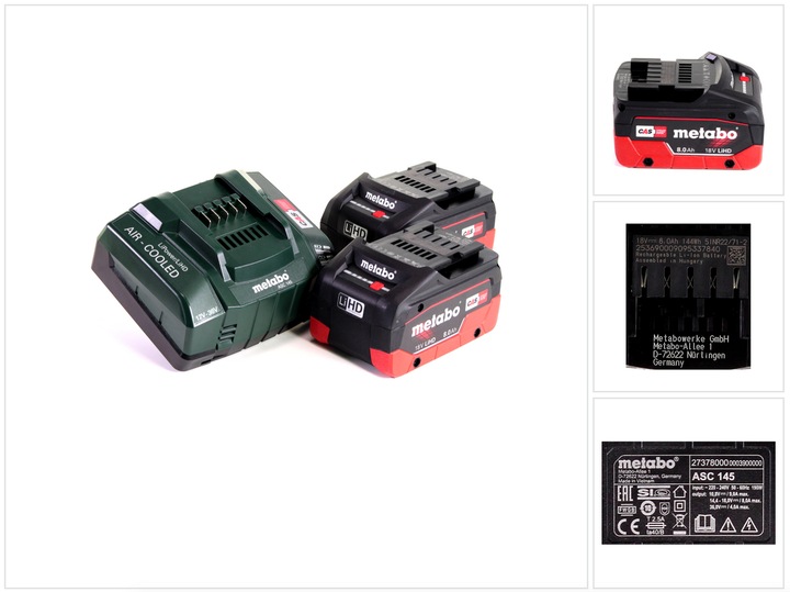 Metabo LiHD 2x battery pack 18V 8,0Ah ( 625369000 ) + charger ASC 145 ( 627378000 ) (18 V)