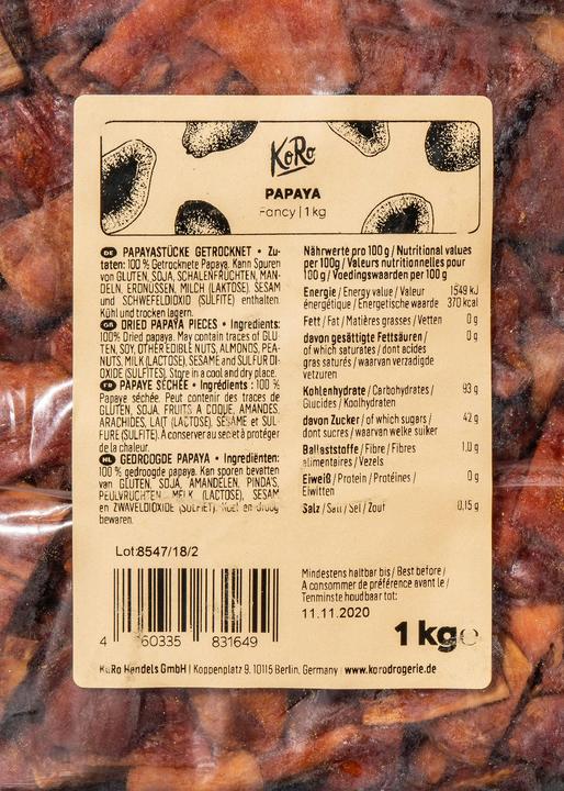 Valeurs nutritives et ingrédients KoRo Papaye séchée (1000 g)