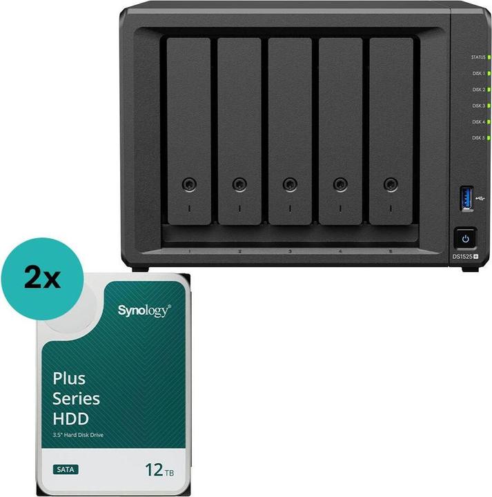 Productafbeelding Synology DiskStation DS1525+ 5 Einschübe NAS-Server Leergehäuse (DS1525+) + 2x Plus 3.5... (2 x 12 TB)