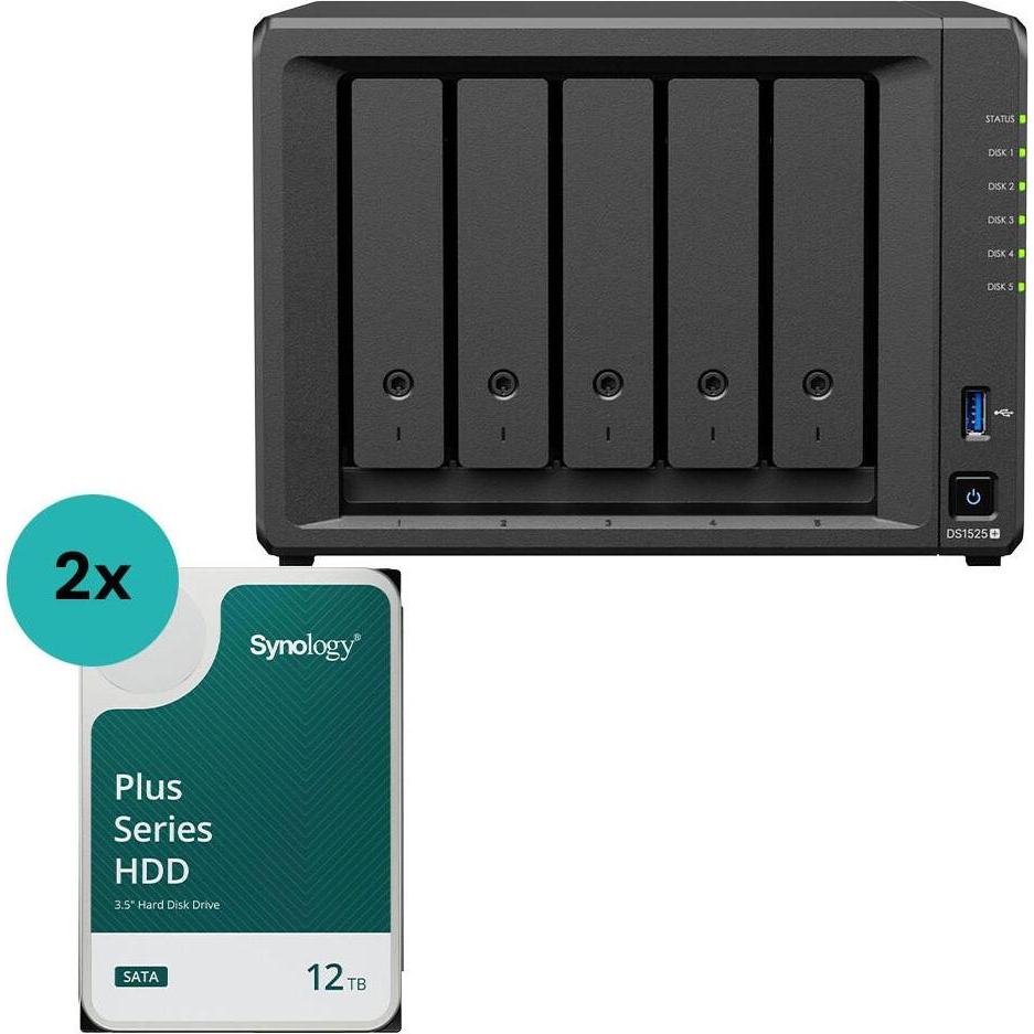 Synology DiskStation DS1525+ 5 Einschübe NAS-Server Leergehäuse (DS1525+) + 2x Plus 3.5... (2 x 12 T