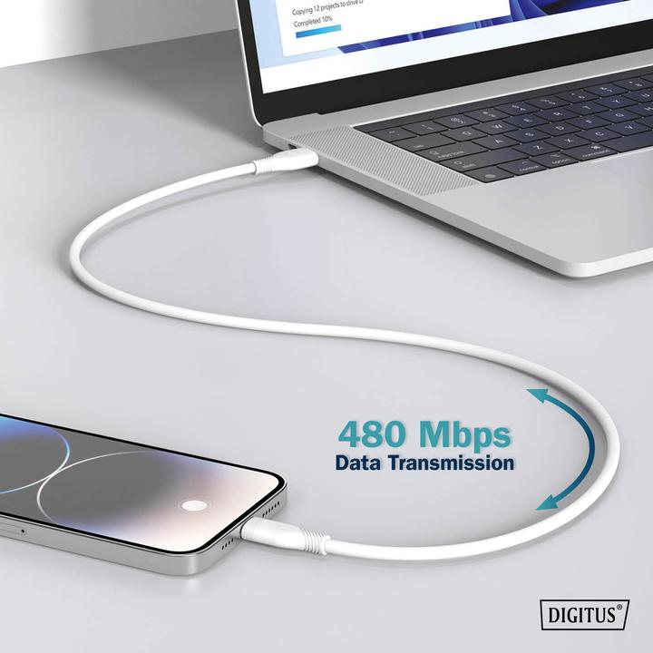 Produktbild Digitus USB-C Silikon Anschlusskabel, 0,5m, weiss (0.50 m, USB 2.0, 60 W)