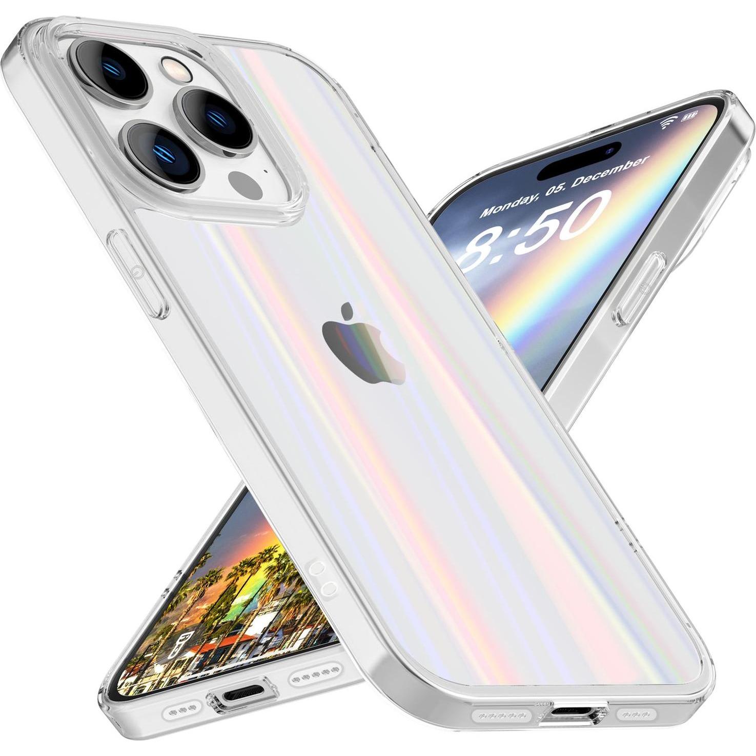 Nalia Klare Hartglas Hülle Regenbogen Effekt (Apple iPhone 15 Pro), Smartphone Hülle, Transparent