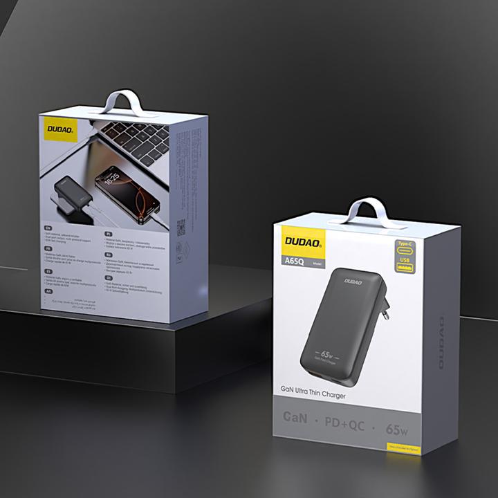 Actual product image Dudao GaN A65Q 65W USB-A / USB-C PD Ultra-Thin Wall Charger - Black (65 W)