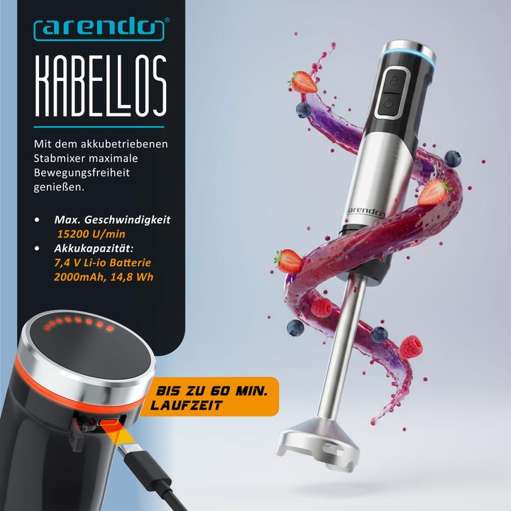 Produktbild Arendo Stabmixer Edelstahl, stufenlose Regelung, Akku, 200 W, mit Schneebesen, Messbecher, 4-Klingen-Messer