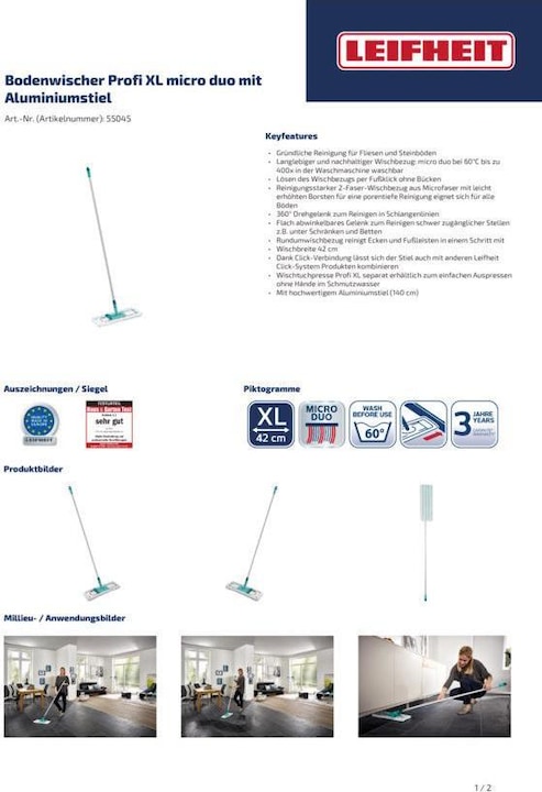 Produktbild Leifheit Bodenwischer Profi XL micro duo mit Aluminiumstiel (1 Stk.)