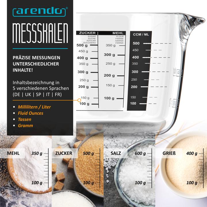 Immagine prodotto Arendo Messbecher 500 ml Glas Messkrug, Borosilikatglas, Mikrowellengeeignet, Küchenmass, Masskanne, 0,5 L (500 ml)