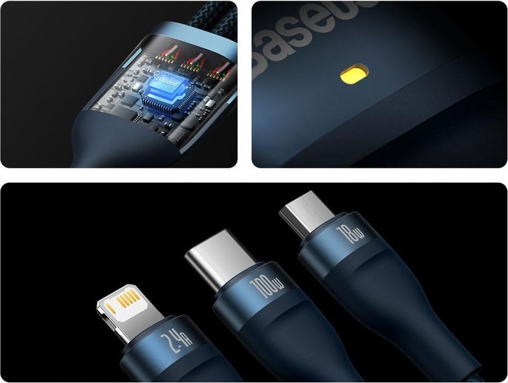 Produktbild Baseus 3in1 USB cable Flash Series, USB-C + micro USB + Lightning, 100W, 1.2m (blue) (1.20 m, USB 2.0)