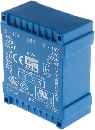 Produktbild Block Transformator FL PCB 6VA 2x15V