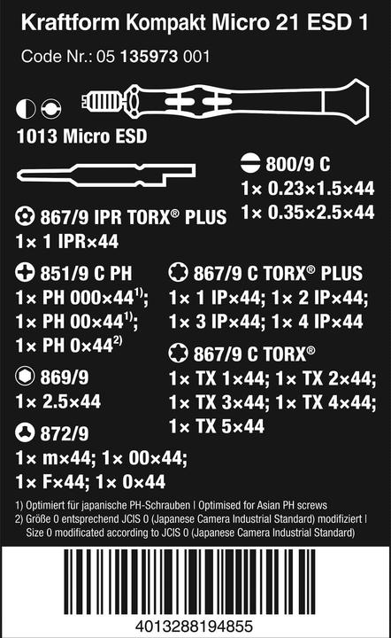 Image du produit Wera Kraftform Kompakt Micro-Set ESD/21 (Cruciforme Phillips PH)