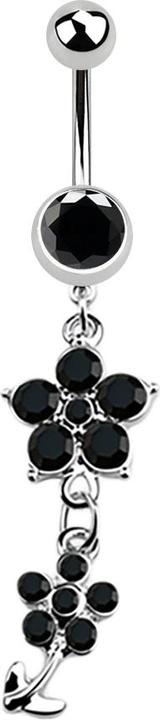 Actual product image Star Piercing Banana silver with pendant two crystal flowers black (without brass, Surgical steel 316L)