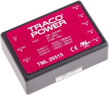 Produktbild TracoPower Netzteil gekapselt Lötpins 5,+/-15V 20W (Netzteil)