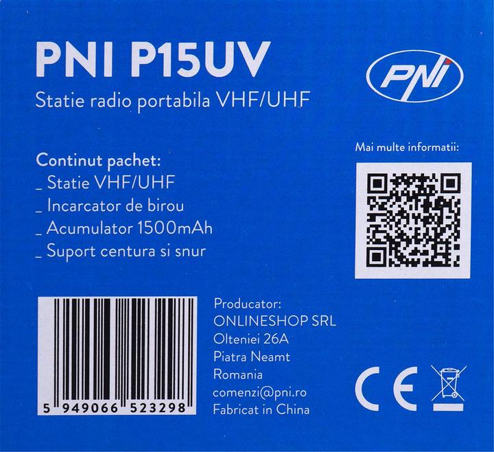 Image du produit PNI Radio portable bi-bande VHF/UHF P15UV, 144-146 MHz/430-440 MHz, 999 canaux, avec batterie de