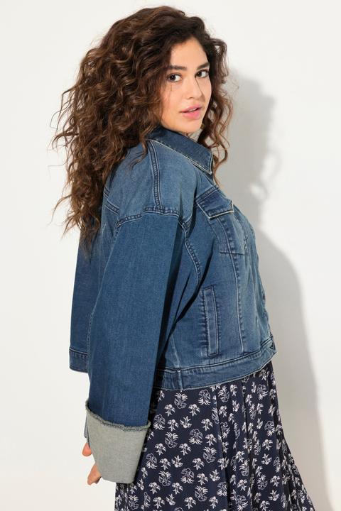 Immagine prodotto Ulla Popken Giacca di jeans con frange, collo da camicia e ampio risvolto sulle maniche (56)