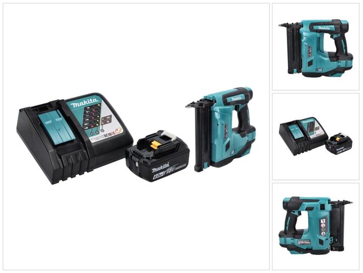 1x Makita DBN 500 cordless upright nailer, 1x Makita BL 1860 B 18 V 6.0 Ah battery, 1x Makita DC 18 RC battery charger