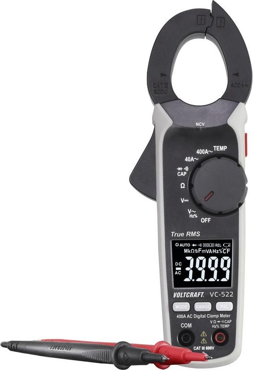Stromzange VC-522, Sicherheits-Messleitungen, K-Typ Thermoelement Luftfühler (-20 bis +250°C), K-Typ-Messadapter, Aufbewahrungstasche, 3 Micro-Batterien (Typ AAA, 1,5V), Bedienungsanleitung auf CD