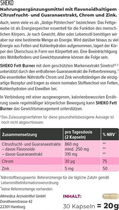 Nutritional values and ingredients Sheko Fat metabolism complex (30 pcs., Capsules, 41 g)