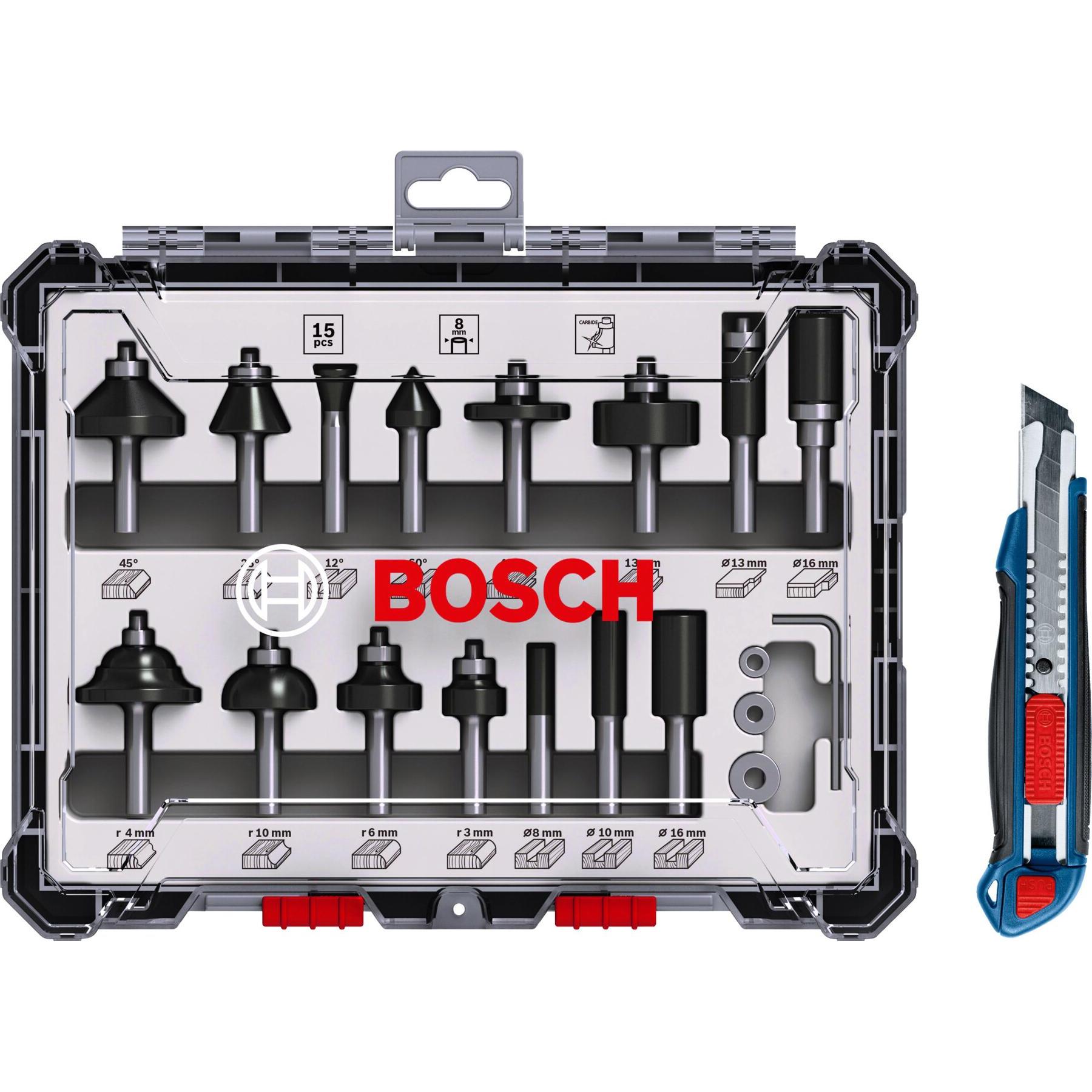 Bosch Professional Zubehör, Punte per fresa, Set di frese Bosch da 15 pezzi con lama da taglio in omaggio