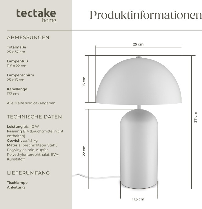 Produktbild tectake Kleine Retro-Tischlampe Altea, Pilzdesign, 40W (E14)