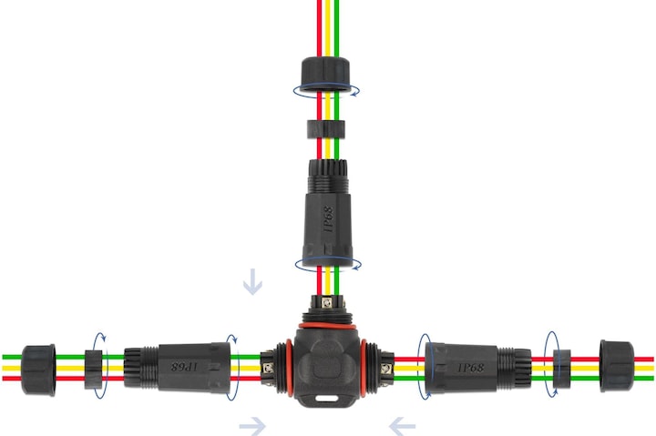 Actual product image Delock Cable connector T-shape for outdoor use 3 pin, IP68 waterproof, screwable, cable diameter 4,5
