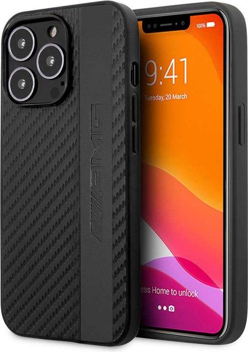 Immagine prodotto Mercedes-Benz Custodia PC/TPU con striscia in pelle grigia effetto carbonio e logo stampato a caldo (Apple iPhone 13 Pro Max)