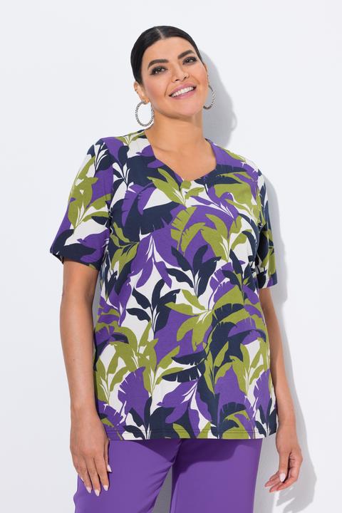 Immagine prodotto Ulla Popken T-shirt dal taglio svasato con foglie, scollo a cuore e mezze maniche (46, 48)