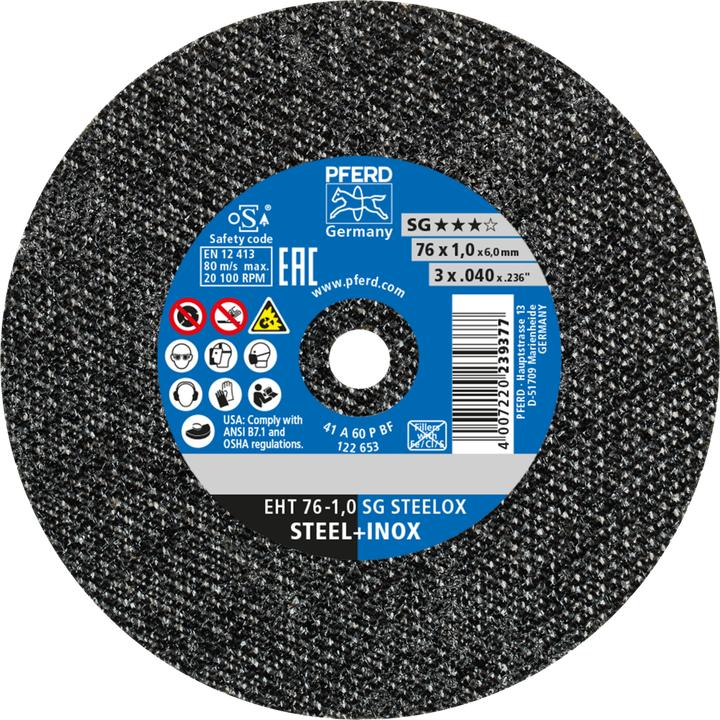 Actual product image Pferd SG STEELOX cut-off wheel Ø 76 mm wheel thickness 1.1 mm straight corundum bore 6 mm