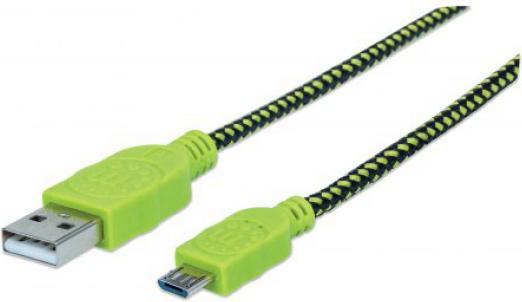 Produktbild Manhattan Micro-USB-Kabel mit Stoffummantelung A-Stecker auf Micro-B-Stecker 1 m schwarz/gruen Blister Verp... (1 m, USB 2.0)