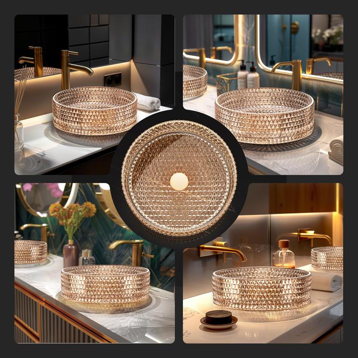 Produktbild Emke Aufsatzwaschbecken, 360 x 360 x 112 mm, Waschbecken aus roségoldenem Glas, Rundes Aufsatzwaschbecken (360 mm, 360 mm)