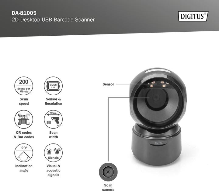 Produktbild Digitus 1D 2D Barcode Scanner Desktop (2D-Barcodes, 1D-Barcodes, QR-Code)