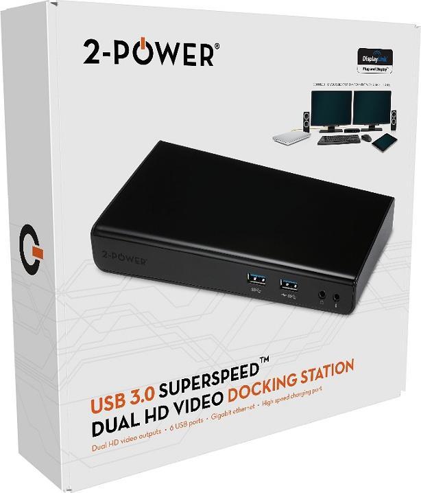 Produktbild 2-Power USB 3.0 Dual Display Docking Station includes power cable. For UK,EU. (USB-A, 6 Ports)