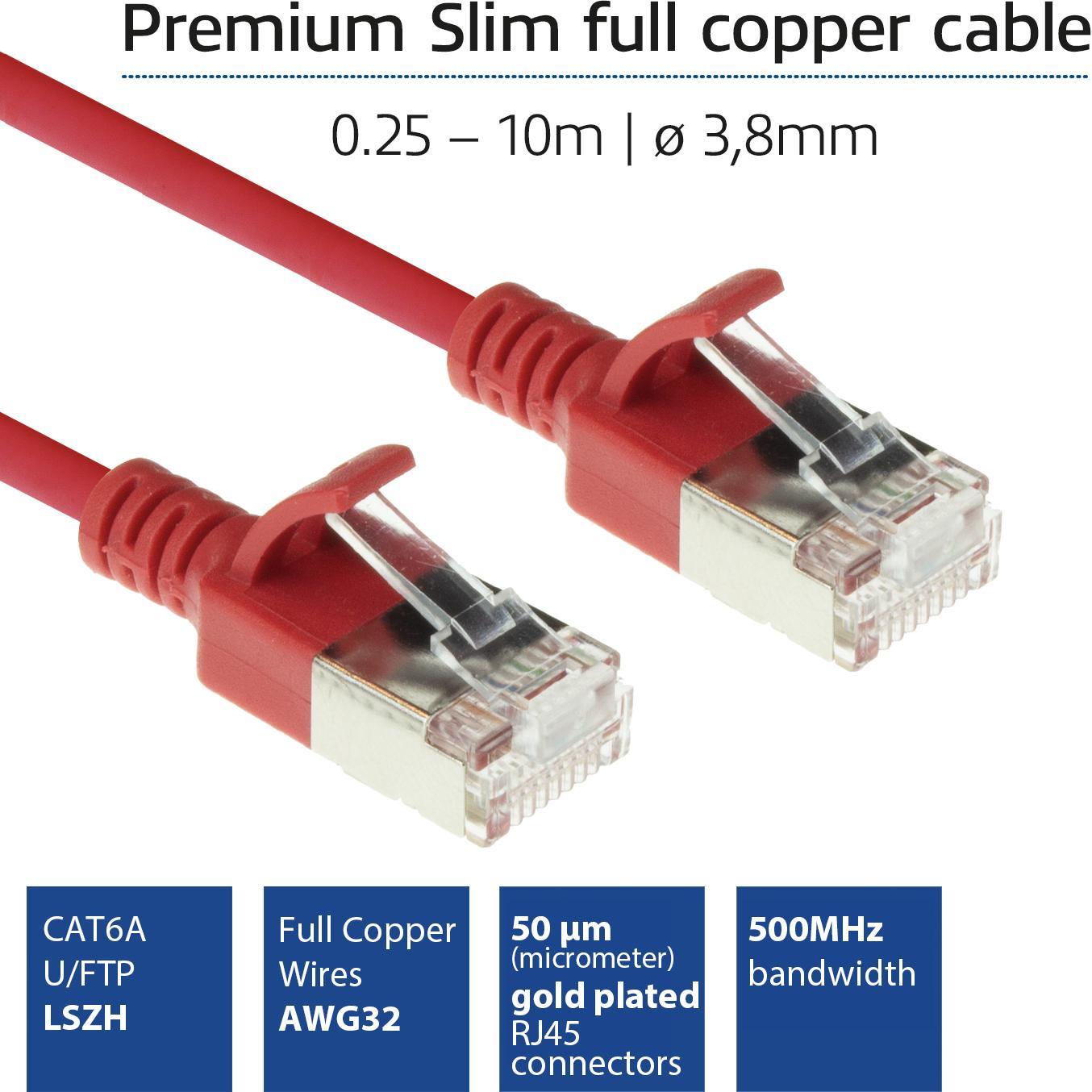 Thumbnail - ACT Red 0.25 meter LSZH U/FTP CAT6A datacenter slimline patch cable snagless with RJ45 connectors (U/FTP, CAT6a, 0.25 m)...