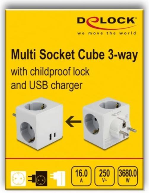Actual product image Delock 3-way socket outlet cube with child safety lock (3x, CEE 7/3)