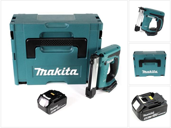 Makita DST 221 18V Li-Ion battery pin tacker solo, 1x Makita BL 1850 B 5000 mAh, 5.0 Ah 18 V Li-Ion battery, 1x Makita Makpac 2 transport case, 1x studded foam insert